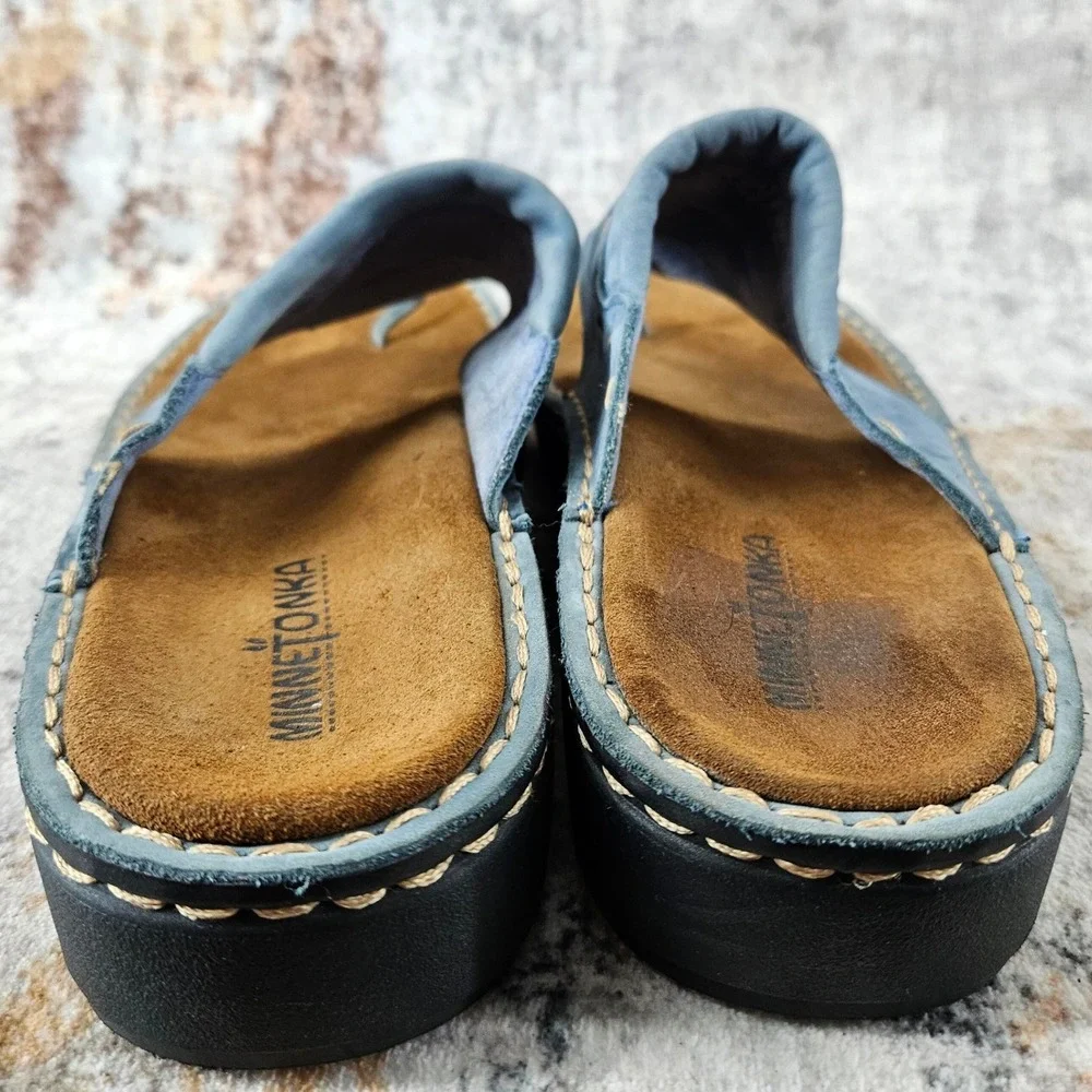 Minnetonka‎ Thong Sandals Womens 10 Platform Blue Leather Whipstitch Boho